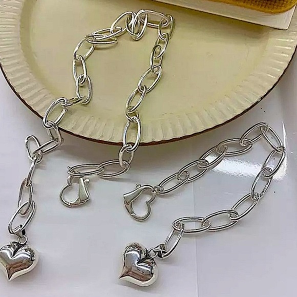 Sterling Silver Heart Chain Link Necklace Bracelet Matching Set - Picture 8 of 9